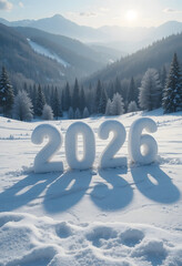 New Year 2026 Snow Text in Winter Mountain Landscape