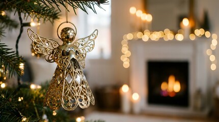 Golden Angel Ornament on Christmas Tree with Fireplace and Lights.