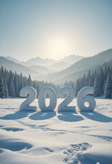New Year 2026 Snow Text in Winter Mountain Landscape