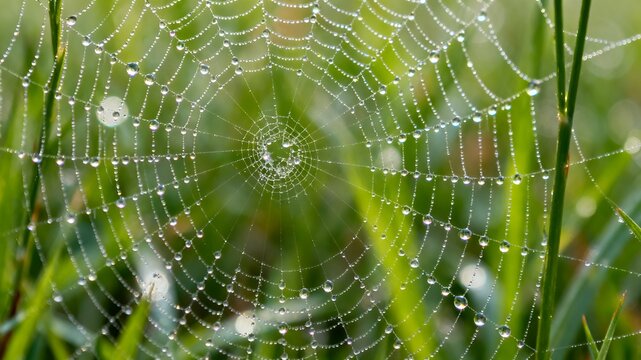 Macro shot of a spider web with morning dew drops, capturing the beauty of nature. - Powered by Adobe