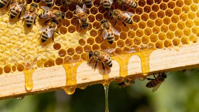 Fresh honeycomb frame with bees and dripping honey, showcasing natural beekeeping and agriculture.