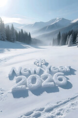 New Year 2026 Snow Text in Winter Mountain Landscape