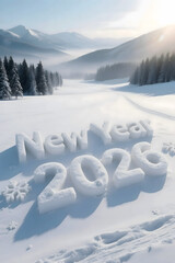 New Year 2026 Snow Text in Winter Mountain Landscape