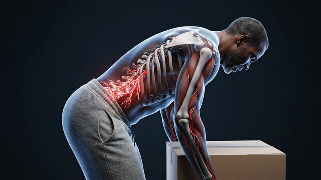 Sequential frames showing lumbar strain during improper box lifting technique