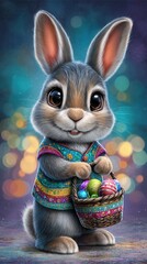 a cute happy rabbit, wearing glasses and a colorful vest, holding a basket with colorful easter eggs, cute and furry art, front view, dutch angle,  