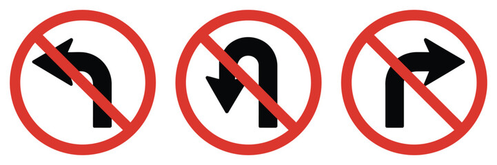 No Left Right and U Turn Sign Symbol featuring prohibitory traffic signs with red crossed-out circle arrows, ideal for road safety, signage, and traffic illustration