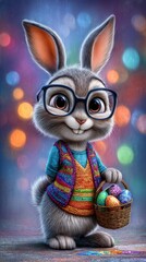 a cute happy rabbit, wearing glasses and a colorful vest, holding a basket with colorful easter eggs, cute and furry art, front view, dutch angle,  