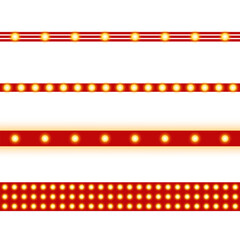 Set of red frames and borders with glowing lights, isolated on transparent background. Collection of endless dividers with glowing lights that can be used to create various square and rectangle frames