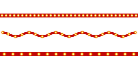 Collection of red borders and dividers with glowing light bulbs. Retro theater marquee design for festive banner, entertainment frame, cinema decoration, Broadway style separator or party element. PNG