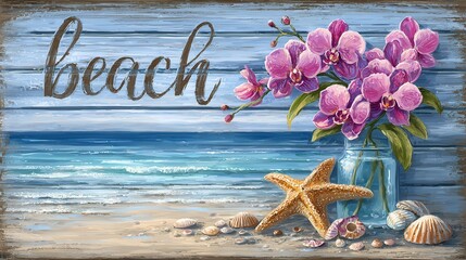 the word "beach" is written in white on light blue wooden planks, with sand and seashells scattered around it. a starfish lies next to the text, pink orchids  the background ocean view. summer fun