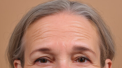 Forehead wrinkle mature woman closeup skin texture aging eye eyebrow Forehead wrinkle closeup of mature woman showing skin texture and aging details with natural expression and visible eyebrow