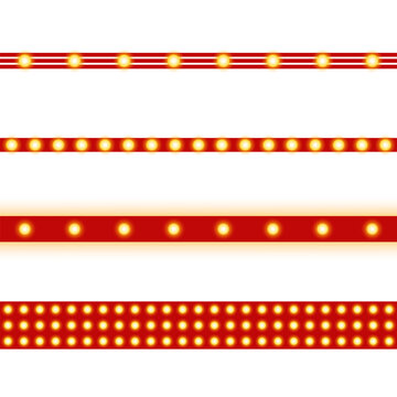 Set of red frames and borders with glowing lights, isolated on transparent background. Collection of endless dividers with glowing lights that can be used to create various square and rectangle frames