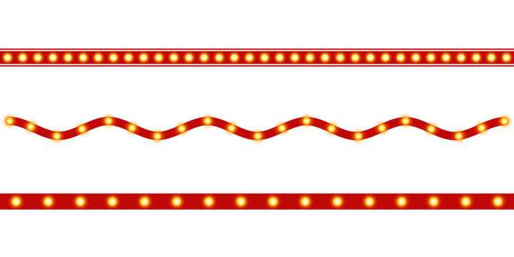 Collection of red borders and dividers with glowing light bulbs. Retro theater marquee design for festive banner, entertainment frame, cinema decoration, Broadway style separator or party element. PNG