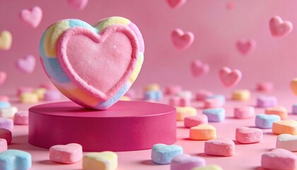 Large 3D Sculpted Heart in Pastel Candy Colors Resting on a Bright Magenta Surface Surrounded by Decorative Conversation Hearts