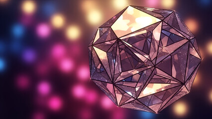 Abstract geometric shape with multifaceted crystal design and soft bokeh lights background