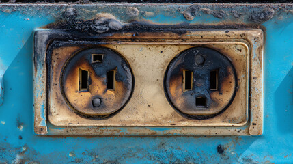 Burnt electrical outlet close up, showing scorch marks, damaged plastic, and signs of fire hazard on blue wall, highlighting danger and need for repair