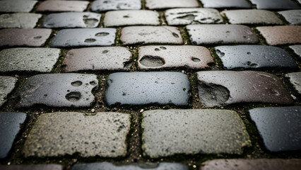 Close-up of worn cobblestone street provides a textured and patterned urban landscape view