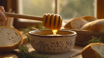 Honey drizzling into bowl beside bread loaves food still life