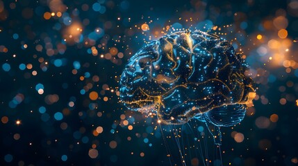 Abstract artificial intelligence concept, glowing digital brain made of blue and gold light particles. Futuristic neural network and machine learning background.