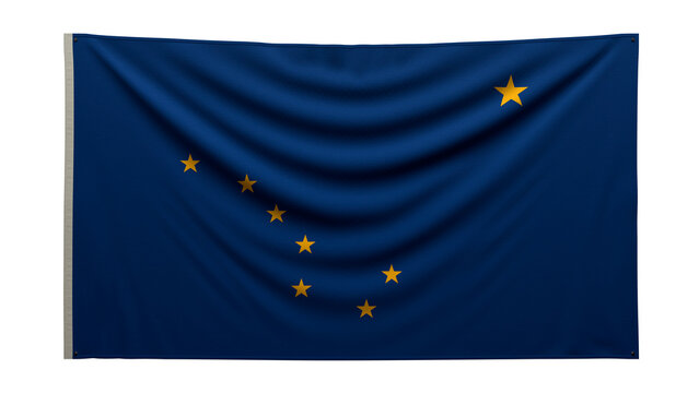 Alaska State Flag. Textured flag. There is a US flag hanging on the wall. Texture of thick fabric. The flag is pinned to the wall. Flag of the United States of America on a transparent background. 3D 