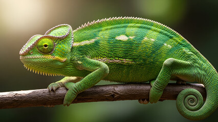 Green Chameleon Portrait on Branch: Detailed Scales and Vibrant Coloration Depicting Tropical