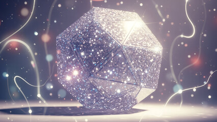 Glittering dodecahedron in a vibrant scene radiating a cosmic glow surrounded by energy lines