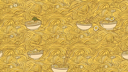 Harmonious culinary symphony showcasing abundant noodle bowls amidst a swirling, whimsical pasta sea