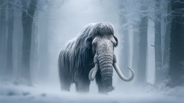Majestic Woolly Mammoth Roaming Through a Misty Winter Forest.