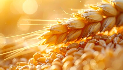 Golden Wheat Ear and Ripe Grains Illuminated by Warm Sunlight, Close-up Macro View of Harvest and Agriculture