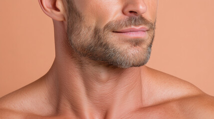 Fototapeta premium Ultra close up of velvety male skin with gentle shadows stubble beard smooth complexion healthy skin masculine jawline natural texture soft lighting adult man bare shoulders neutral background
