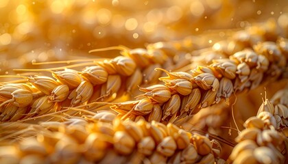 Close-up of golden ripe wheat ears glowing in warm sunlight, illustrating bountiful harvest and sustainable agriculture.