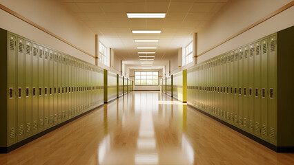 Illuminated school corridor perspective with metal lockers and polished floor, a place of learning