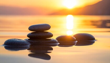 Zen balanced stones in calm water at golden sunset, reflecting sky and a blurred mountain, symbolizing peace and meditation.