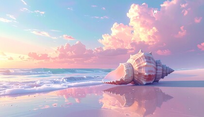 Large seashell on a tropical beach at pastel sunset with ocean waves and sky reflections on wet sand.