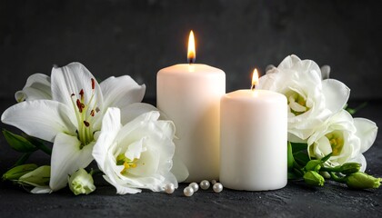 Two lit white burning candles, fresh white lilies and elegant flowers on a dark background, symbolizing peace, remembrance, and mourning.