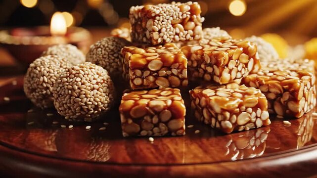 Indian Peanut Chikki and Til Ladoo Sweets Festive Background