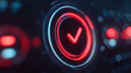 Red check mark symbol in circular frame on dark background with blue and red bokeh light effects. Technology concept of success.