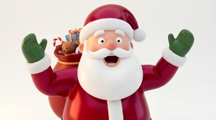 Excited 3D Cartoon Santa Claus with Open Arms and Gift Sack.