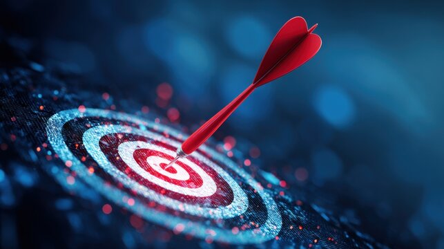 Red dart hitting bullseye target center with precision and accuracy. Business success and goal achievement concept with technological background and glowing effects.
