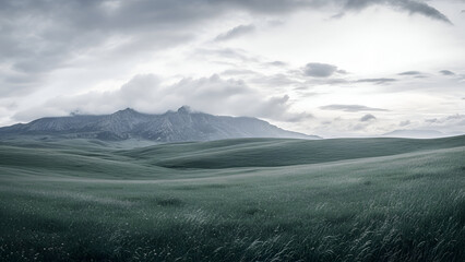 Serene landscape featuring rolling green hills, majestic mountains, and an expansive cloudy sky