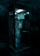 薄暗い心霊スポットの不気味な電話ボックスの中の女の子の幽霊