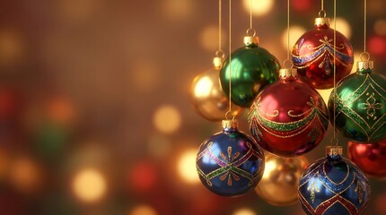Festive Christmas Ornaments Hanging with Bokeh Lights Background.