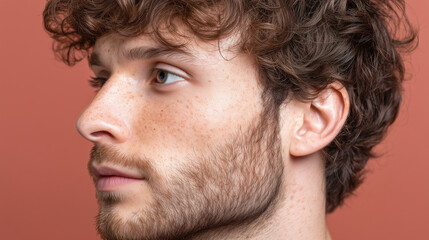 Fototapeta premium Freckled male profile with curly brown hair, light skin, and subtle beard, captured in soft low contrast beauty lighting against warm terracotta background, calm and thoughtful expression