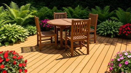 Wooden garden furniture on a deck surrounded by vibrant foliage with sunlight