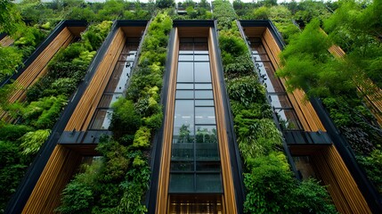 Modern Building Facade Covered in Lush Green Vertical Garden.