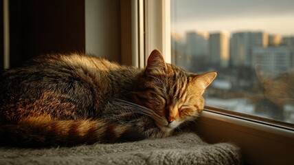 Cat curled up in a sunbeam by a city window, cozy domestic detail
