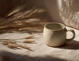 Ceramic mug rests beside dried wheat stalks on linen fabric.
