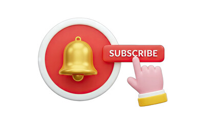 3D Subscribe Button with Bell and Hand Pointer on White Background