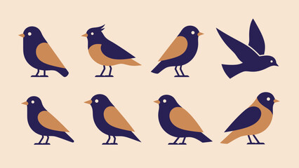 Collection of stylized cartoon birds in various poses and actions, perfect for nature and wildlife illustrations