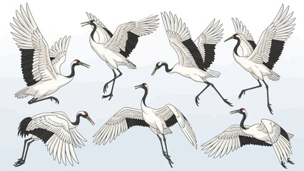 Obraz premium Elegant Japanese Cranes in Various Dynamic Poses - A Study in Graceful Avian Movement
